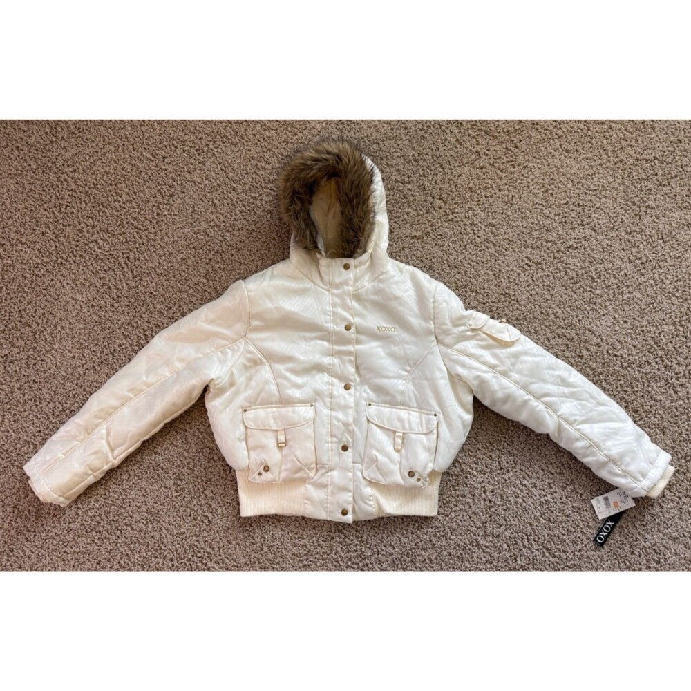 XOXO Y2K Vintage Ivory Faux Fur Trimmed Hooded Zip Up Jacket Coat Womens 3X NWT